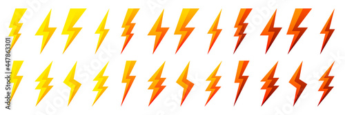 Yellow and red lightning bolt icons isolated on white background. Flash symbol, thunderbolt. Simple lightning strike sign. Vector illustration.