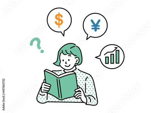 お金に関わる勉強のイラスト(税金、節税、株、投資、積立、年金、貯金、資産、将来、FX、ビットコイン) Study illustrations related to money . tax, tax saving, stocks, investment, savings, assets, future, FX, bitcoin