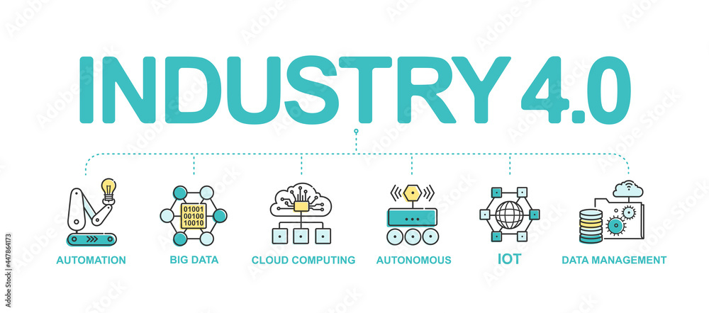 Smart factory Industry 4.0 and Industrial IOT flat line icon set of big data, automation, robot assistants, iot. Industrial revolution infographic design. Vector illustration