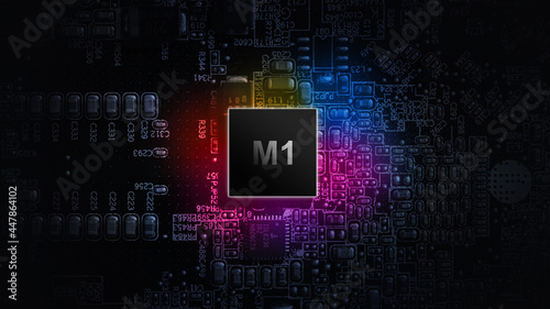 M1 processor chip. Network digital technology with computer cpu chip on dark motherboard background. Protect personal data and privacy from hacker cyberattack. photo