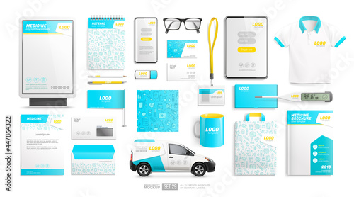 Stationery branding identity items vector mockup template. Medical Clinic corporate identity stationery Mockup template. Pharmcy branding mockup of brochure, advertising city lightbox, letterhead
