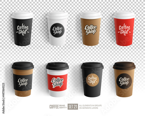 Realistic vector Paper Coffee Cups  Blank Mockups with vintage logo  for Cafe, Restaurant brand identity design and logo presentation. Black, White, Red Brown paper Coffee Cup