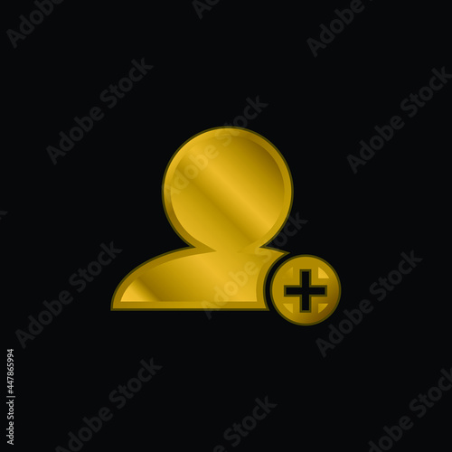 Add People Interface Symbol Of Black Person Close Up With Plus Sign In Small Circle gold plated metalic icon or logo vector