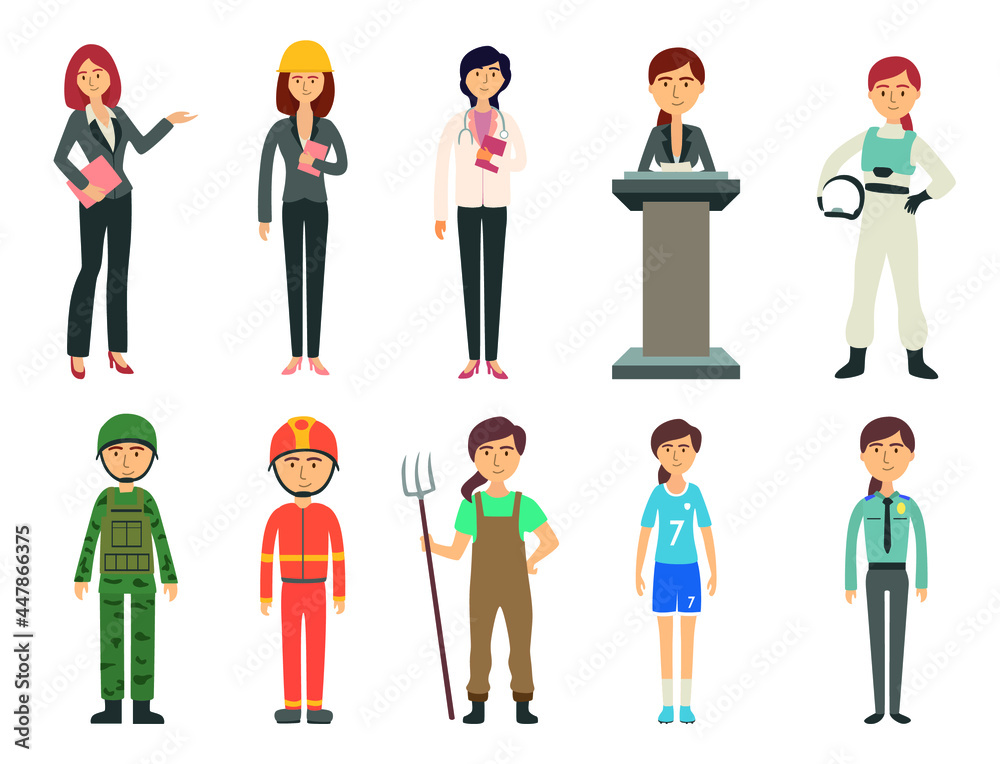 Set of young female on uniform, women profession flat vector graphic style