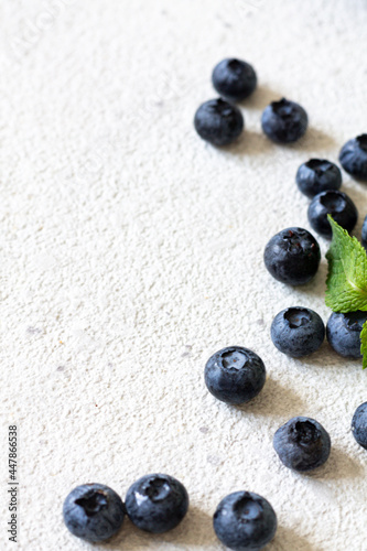 Blueberry with mint leaves on the gray textured background