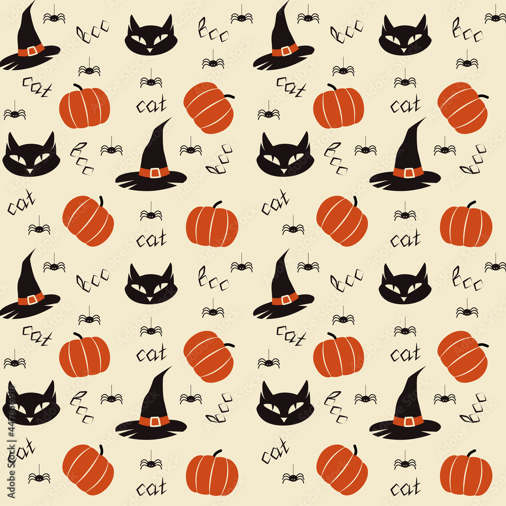 Halloween pattern with black cats, hats, spiders and pumpkins. Seamless pattern. Vector illustration.