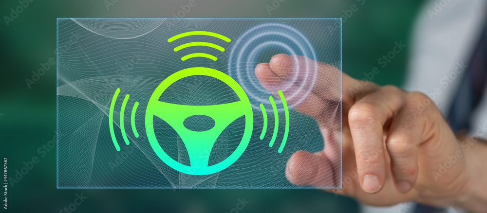Fototapeta premium Man touching a self-driving car concept
