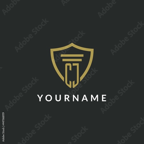 CJ initial monogram logo with pillar and shield style design