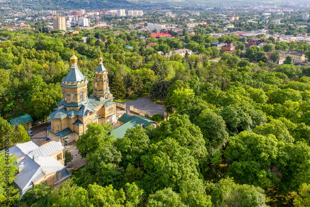 Aerial view of Lazarus church (Lazarevskaya church, 1902) on sunny summer day. Pyatigorsk, Stavropol Krai, Caucasus, Russia.