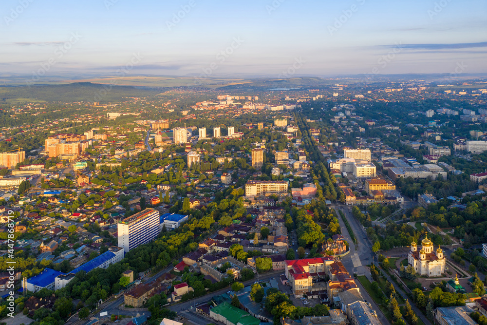 Aerial view of Pyatigorsk at sunrise. Stavropol Krai, Caucasus, Russia.