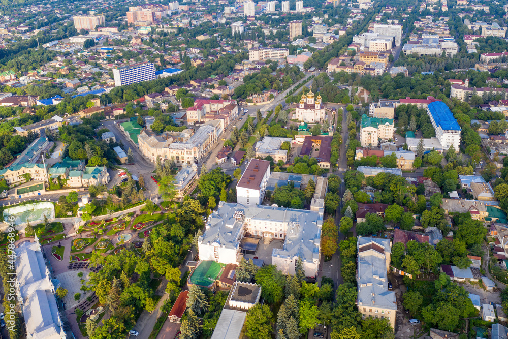 Pyatigorsk, Stavropol Krai, Caucasus, Russia - June, 2021: Attractions of the town. Aerial view of the centre of the town on sunny day.