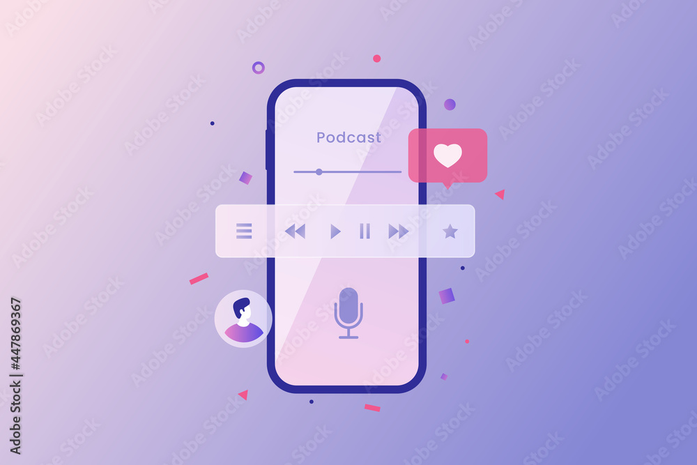 Mobile phone screen with microphone sign. Podcast theme in flat style. Modern vector illustration on a light background. Mobile phone screen with microphone sign. Podcast theme in flat style. Modern vector illustration on a light background.