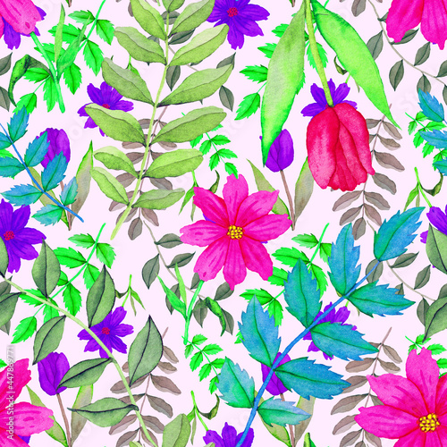 Watercolor seamless pattern with flowers. Vintage floral pattern. Flower seamless pattern. Botanical art. Floral botanical collection. Wedding floral set. Watercolor botanical design.	
