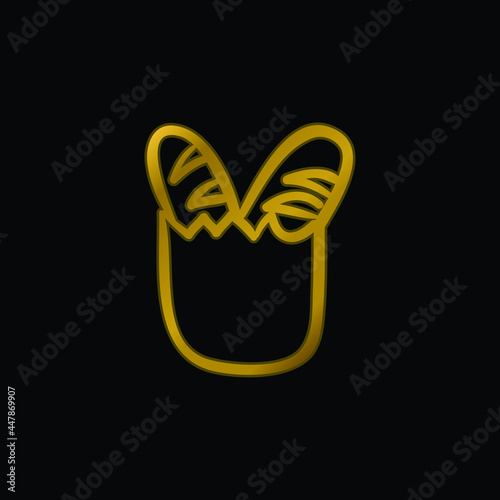 Baguettes In Shopping Bag Outline gold plated metalic icon or logo vector