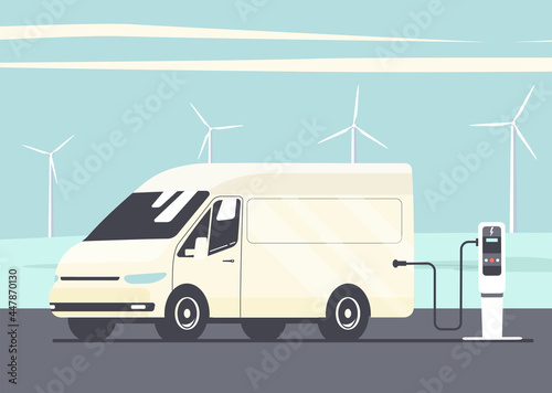 Electric cargo van on the background of an abstract landscape and wind turbines. Vector flat style illustration.