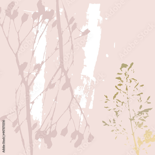 Abstract botanical background with realistic plants, paint strokes and golden texture. Isolated shapes under clipping mask for easy editing. Pastel colored creative vector template