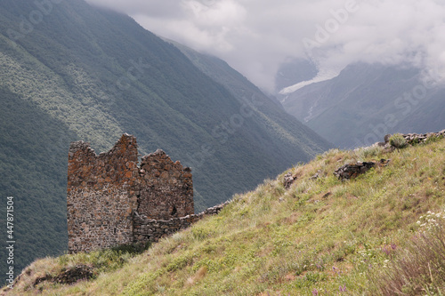 Ruins of medieval tower in Genaldon gorge on sunny summer day. Tmenikau village  North Ossetia  Russia.