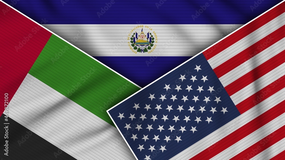 El Salvador United States of America United Arab Emirates Flags Together Fabric Texture Effect Illustration El Salvador United States of America United Arab Emirates Flags Together Fabric Texture Effect Illustration