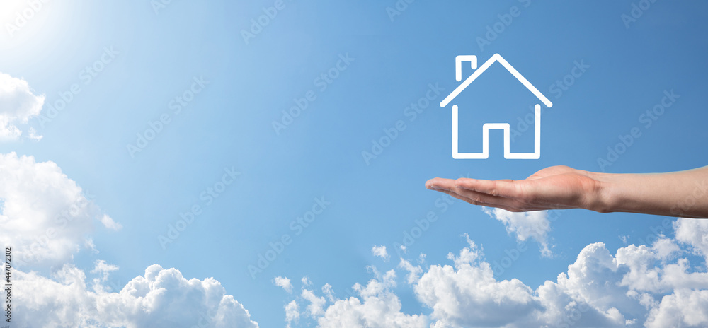 custom made wallpaper toronto digitalMale hand holding house icon on blue background. Property insurance and security concept.Real estate concept.Banner with copy space.