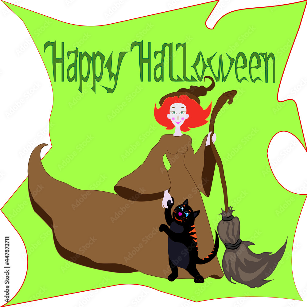 Naklejka premium a sweet and kind witch with a red black cat on a background of a half moon with a broom 