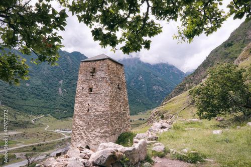 View of Abay Kala tower in historical pat of Verhnyaya Balkaria village and Cherek valley. Kabardino-Balkaria  Caucasus  Russia.