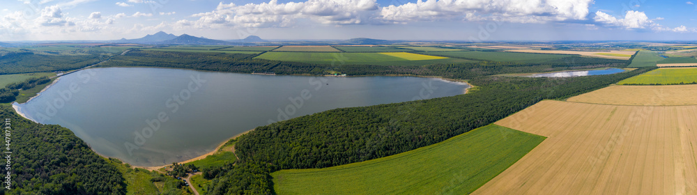 Panoramic aerial view of Tambukan salt lake on sunny summer day. Stavropol Krai, Caucasus, Russia.