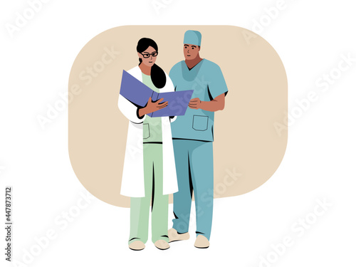 Medical team examining a medical report. Vector.
