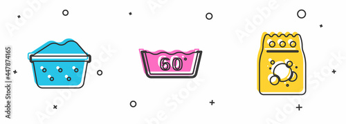 Set Basin with soap suds, Temperature wash and Laundry detergent icon. Vector
