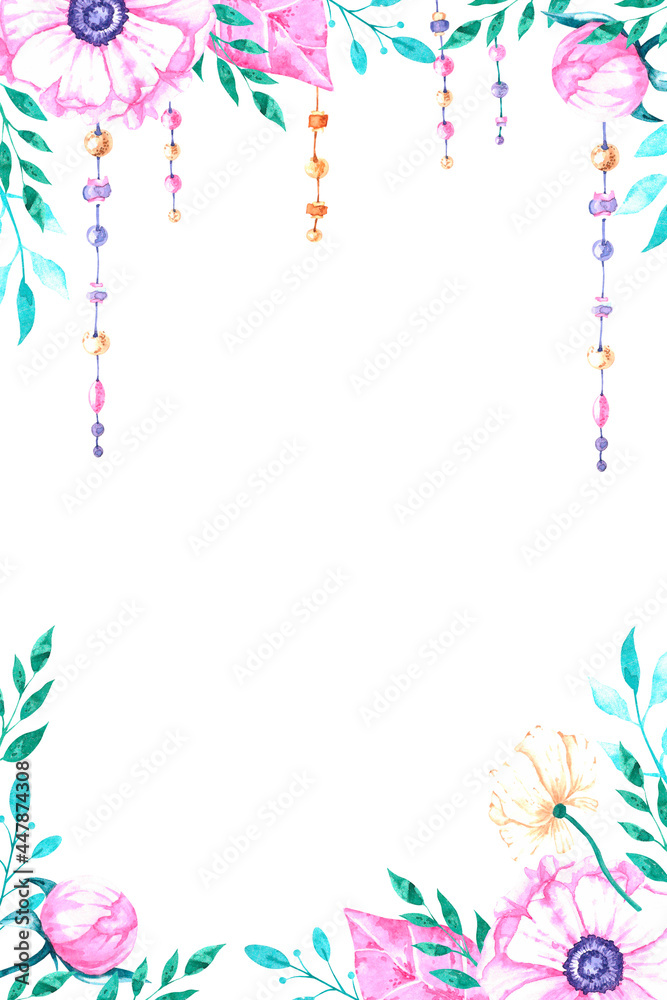 watercolor frame with flowers and beads watercolor frame with flowers and beads