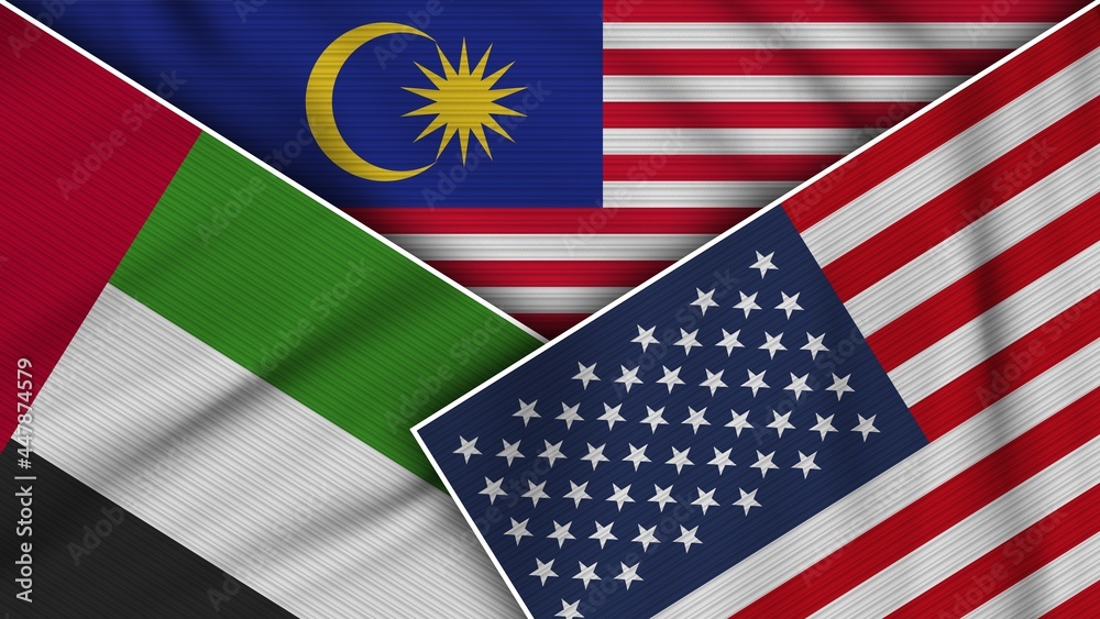 Fototapeta premium Malaysia United States of America United Arab Emirates Flags Together Fabric Texture Effect Illustration