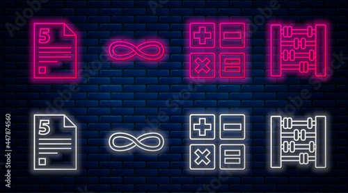 Set line Function mathematical symbol, Feather and inkwell, Infinity and Graph, schedule, chart, diagram. Glowing neon icon on brick wall. Vector