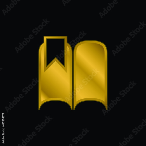 Bookmark On An Open Book Black Shape gold plated metalic icon or logo vector