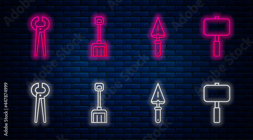 Set line Snow shovel, Trowel, Pincers and pliers and Sledgehammer. Glowing neon icon on brick wall. Vector
