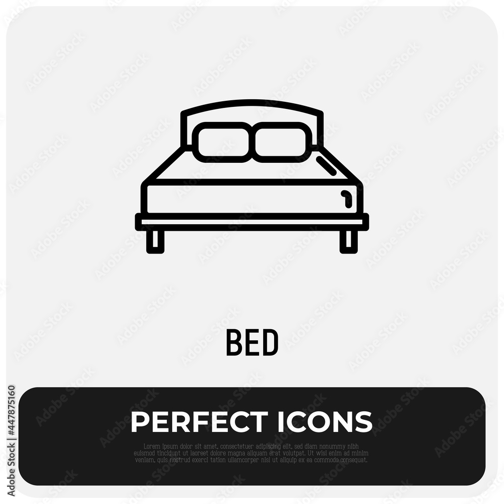 Bed with pillows thin line icon. Bedroom interior. Modern vector illustration of furniture. Bed with pillows thin line icon. Bedroom interior. Modern vector illustration of furniture.