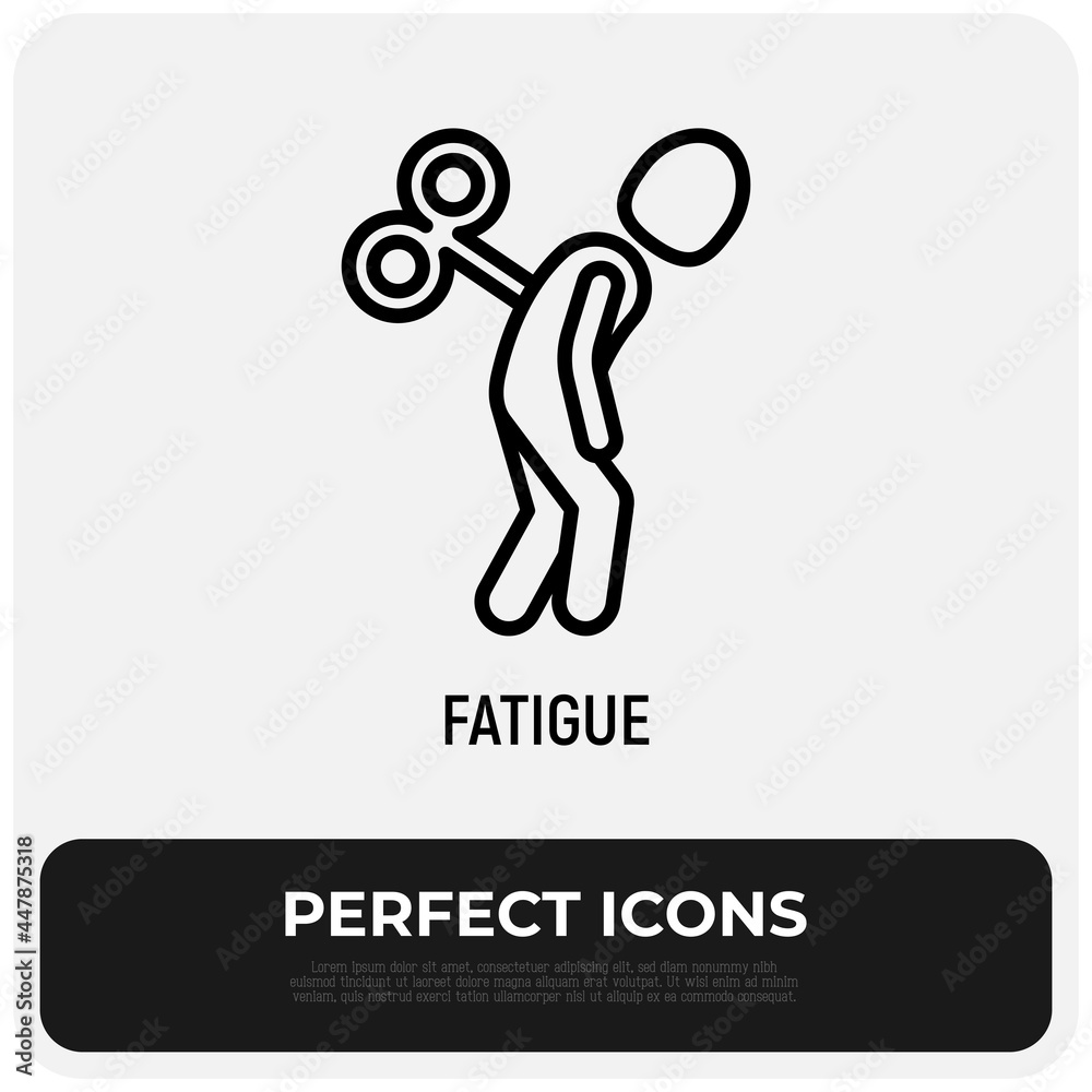 Fatigue, emotional burnout thin line icon: tired man with clockwork key in his back. Low energy, overworked. Vector illustration of depression, neurosis, chronic tiredness.