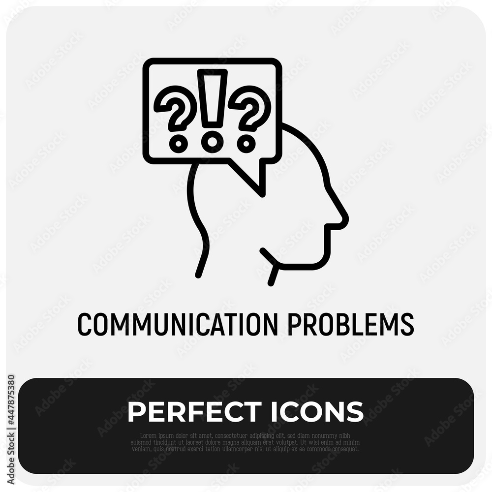 Communication problems, misunderstanding thin line icon: silhouette of head with question marks and exclamation. Vector illustration of depression, neurosis, conflict.