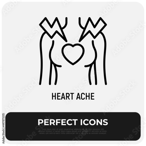 Heart ache thin line icon. Heart attack. Infarction, diseased heart, stress, arrhythmia. Woman body. Vector illustration.