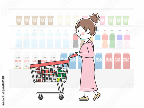 ショッピングカートで買い物をする女性のイラスト