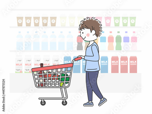 ショッピングカートで買い物をする男性のイラスト