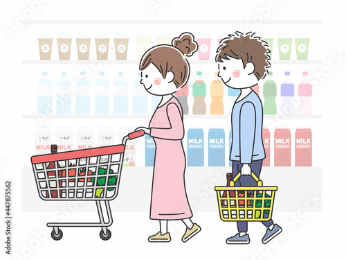スーパーマーケットで買い物をする若い男女のイラスト