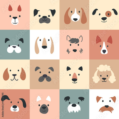 Cute dogs for kids and baby, animals nursery poster for greeting cards, childish seamless pattern. Hand drawn Scandinavian style, vector illustration.