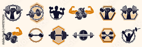 Gym fitness sport emblems and logos vector set isolated with barbells dumbbells kettlebells and muscle body man silhouettes and hands, athletics workout sport club, active lifestyle.