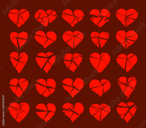 Hearts broken to pieces like a glass vector logos or icons set, broken heart concept, breakup or divorce, heartbreak regret, separated couple, tragic love.