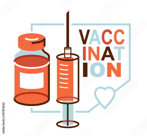 Vaccination theme vector illustration of a syringe with vial isolated over white, epidemic or pandemic coronavirus covid 19 or flu or SARS or any other vaccine, pharmacology concept.