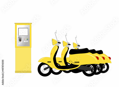 Scooter rental. City yellow community scooters are lined up and ready to rent.