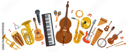 Music orchestra diverse instruments vector flat illustration isolated on white background, live sound concert or festival, musical band or orchestra playing and singing songs.