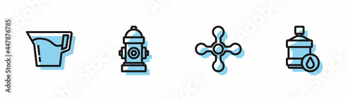 Set line Water tap, Jug glass with water, Fire hydrant and Big bottle clean icon. Vector