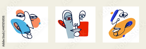 Abstract face vector portrait set, abstraction art man head, hand drawn minimal modern artwork, painted human facial abstraction.
