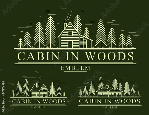 Cabin in woods with pine trees linear vector nature emblem on dark, log cabin cottage for rest, holidays and vacations theme line art drawing, woodhouse resort logo.