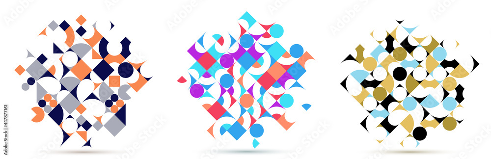 Abstract geometric backgrounds set isolated over white, vector design elements in retro style of 70s, modern modular compositions with colorful geometrical shapes.